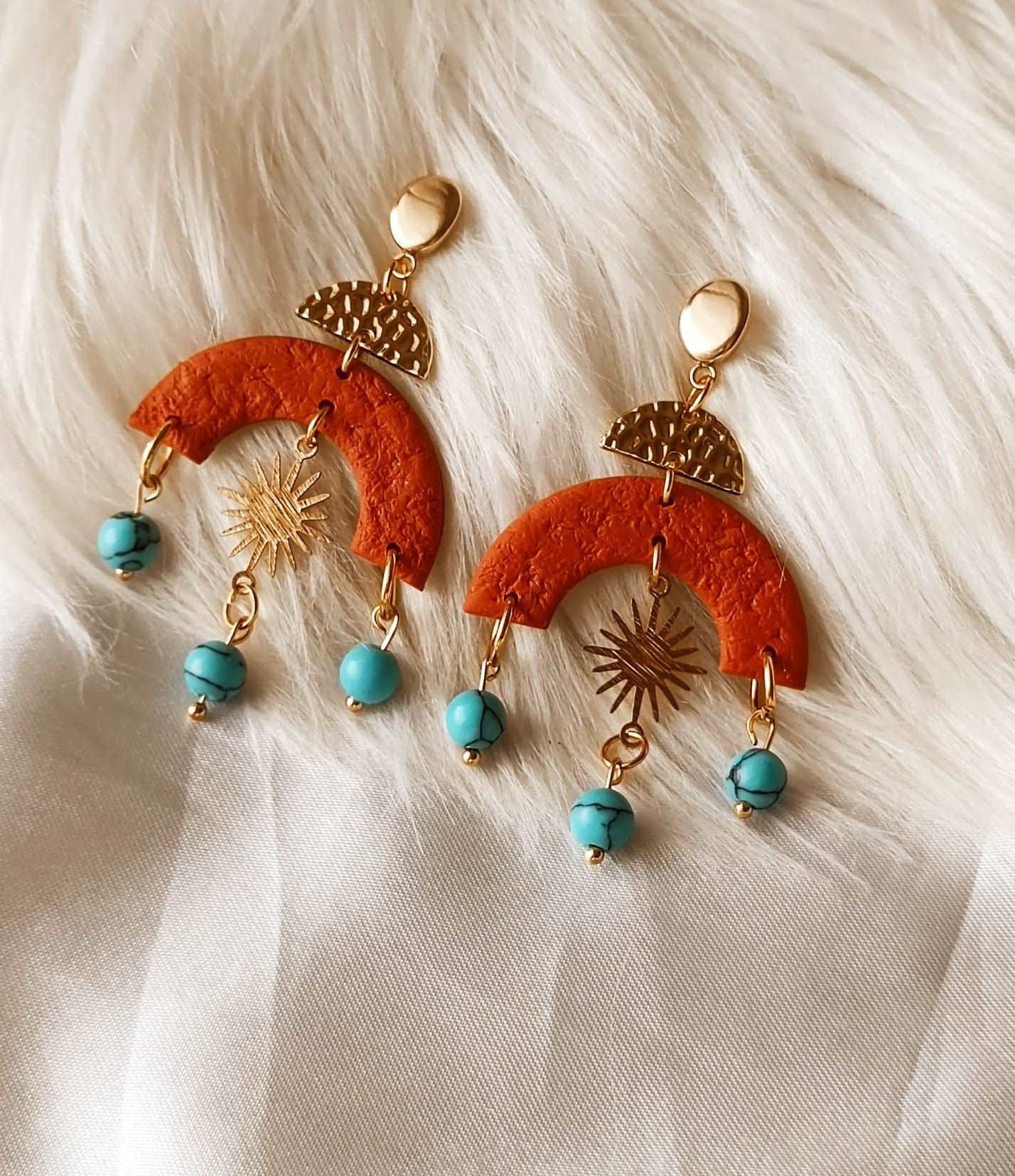 Terracotta Polymer clay earrings - ZAINAB- Boho polymer clay earrings - Clay earrings with TURQUOISE beads - Modern abstract earrings