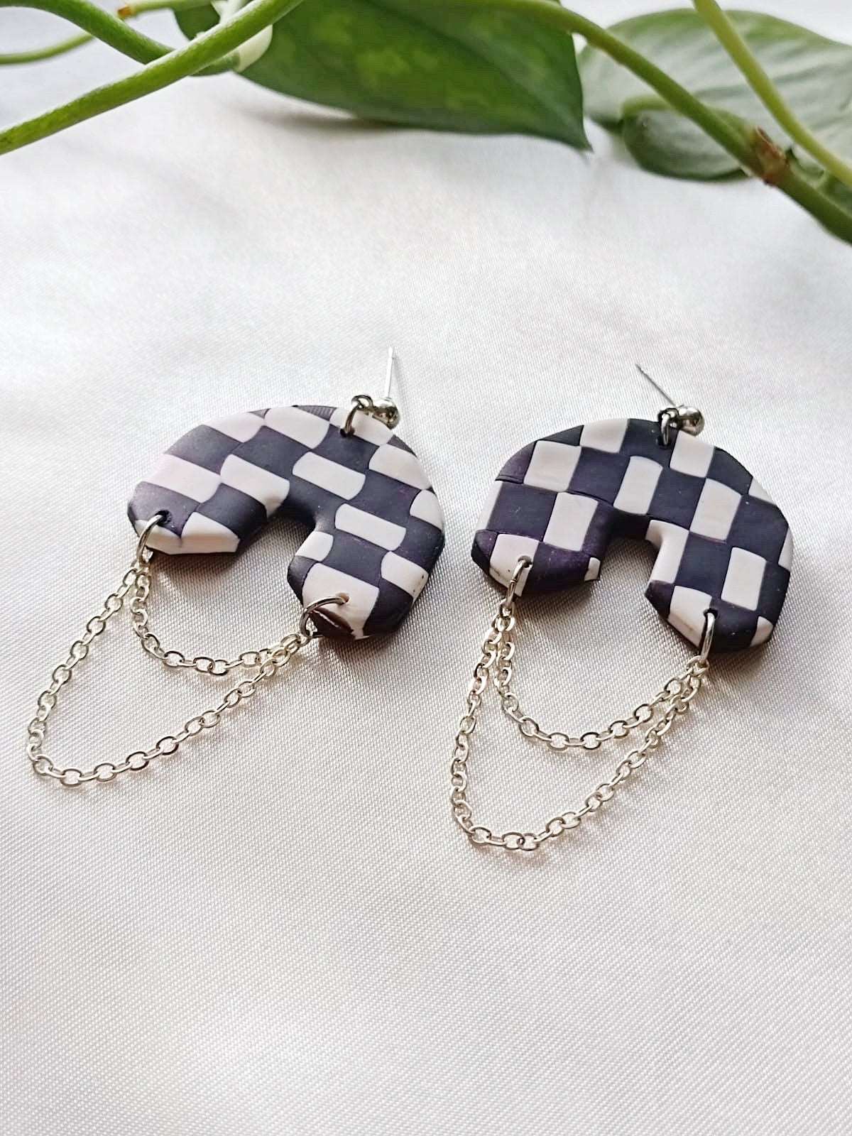 Chained black and white checkered polymer clay earrings - Delilah- Black and White Checkered Earring-Handmade Polymer Clay Earrings