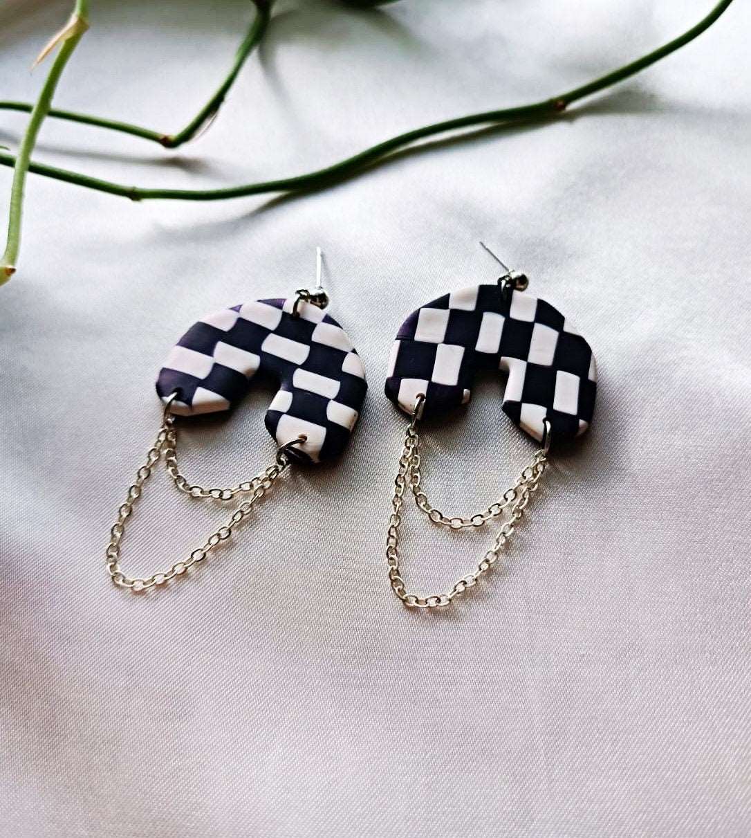 Chained black and white checkered polymer clay earrings - Delilah- Black and White Checkered Earring-Handmade Polymer Clay Earrings