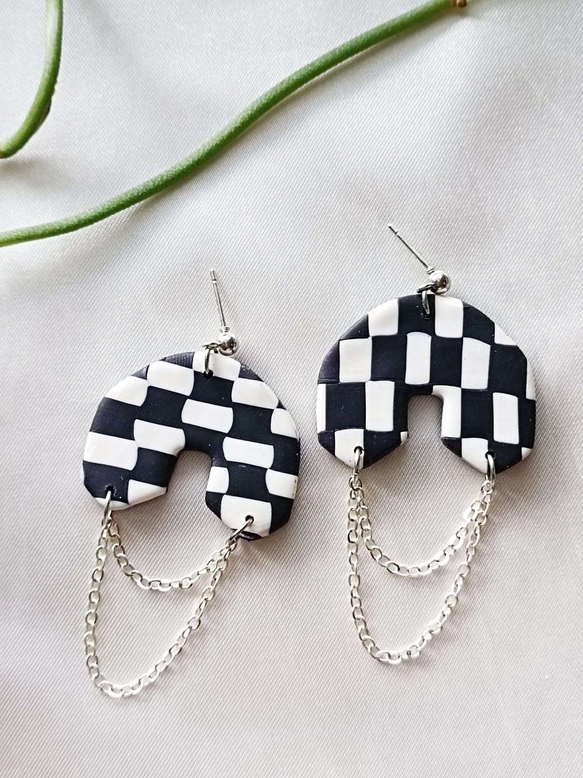 Chained black and white checkered polymer clay earrings - Delilah- Black and White Checkered Earring-Handmade Polymer Clay Earrings