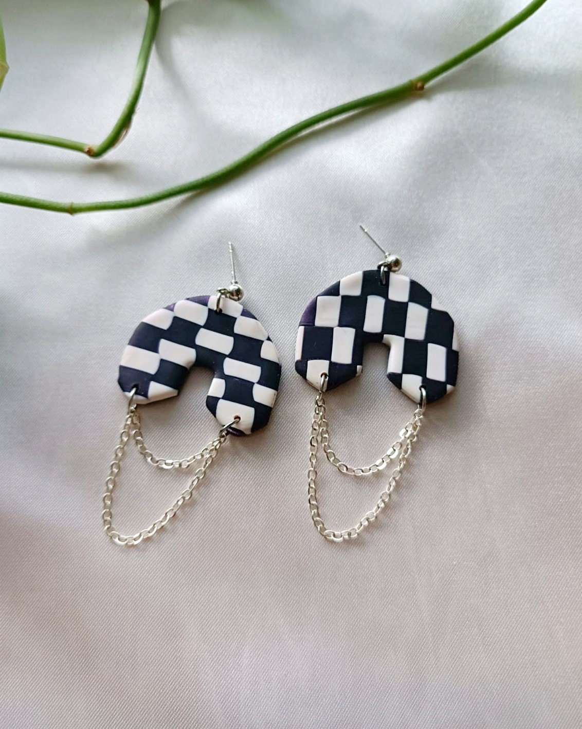 Chained black and white checkered polymer clay earrings - Delilah- Black and White Checkered Earring-Handmade Polymer Clay Earrings