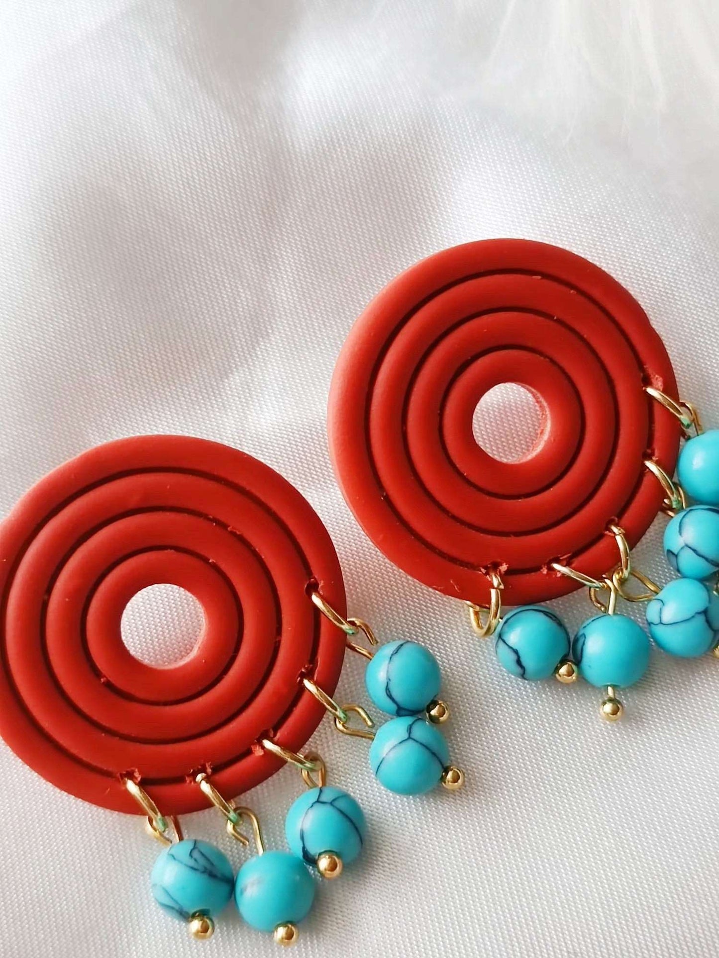 Terracotta Polymer clay earrings - MARWA - Boho polymer clay earrings - Clay earrings with TURQUOISE beads - Modern abstract earrings