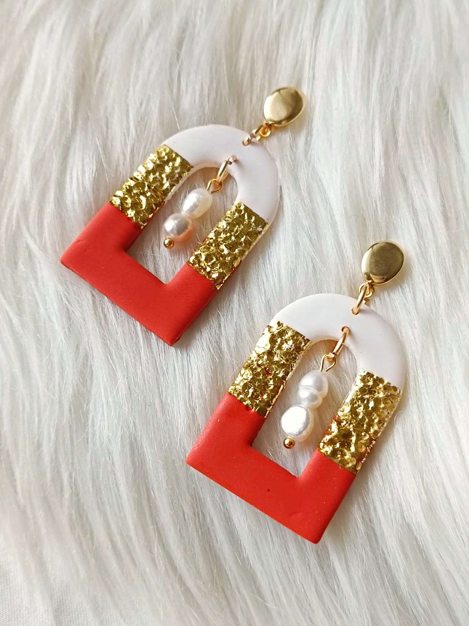 Terracotta Patterned Arch Earrings - Cleopatra - Terracotta arche with white and gold details and freshwater pearls- Boho earrings