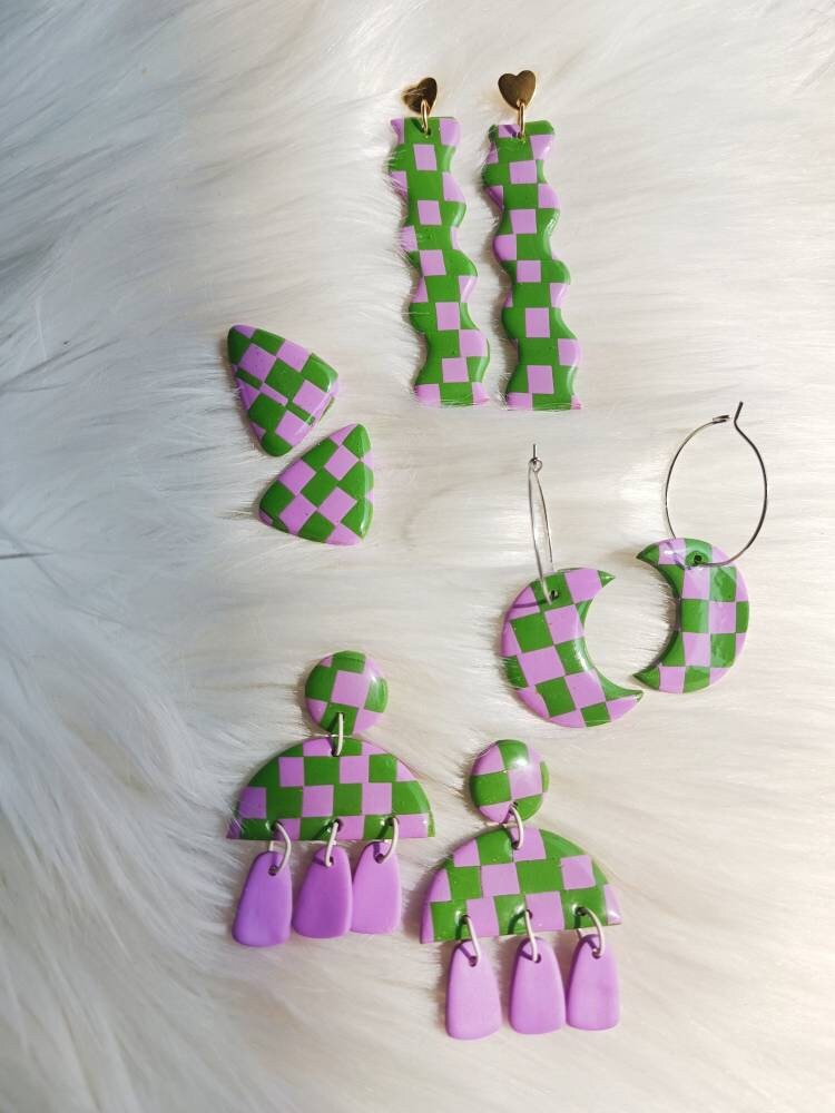 Dangly polymer clay shaped purple and green checkerboard earrings | Checkered earrings /Checkered statement earrings/ Andreina Clay