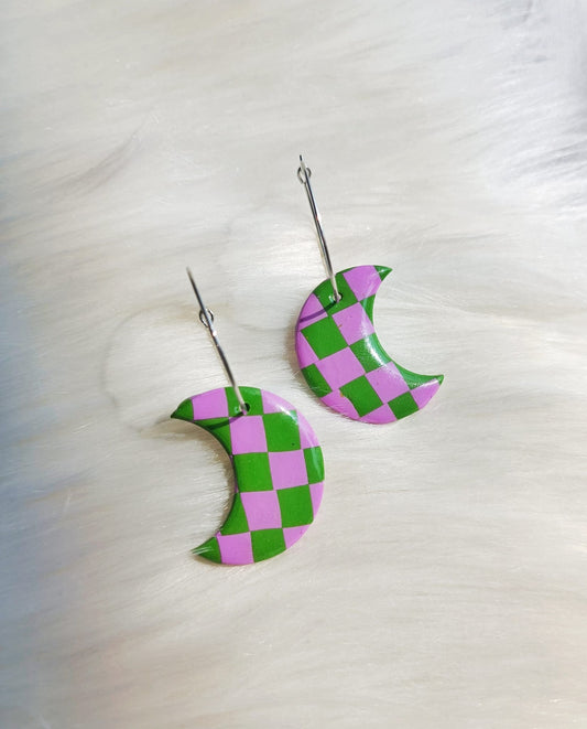 Dangly polymer clay MOON shaped purple and green checkerboard earrings | Checkered earrings /Checkered statement earrings/ Andreina Clay