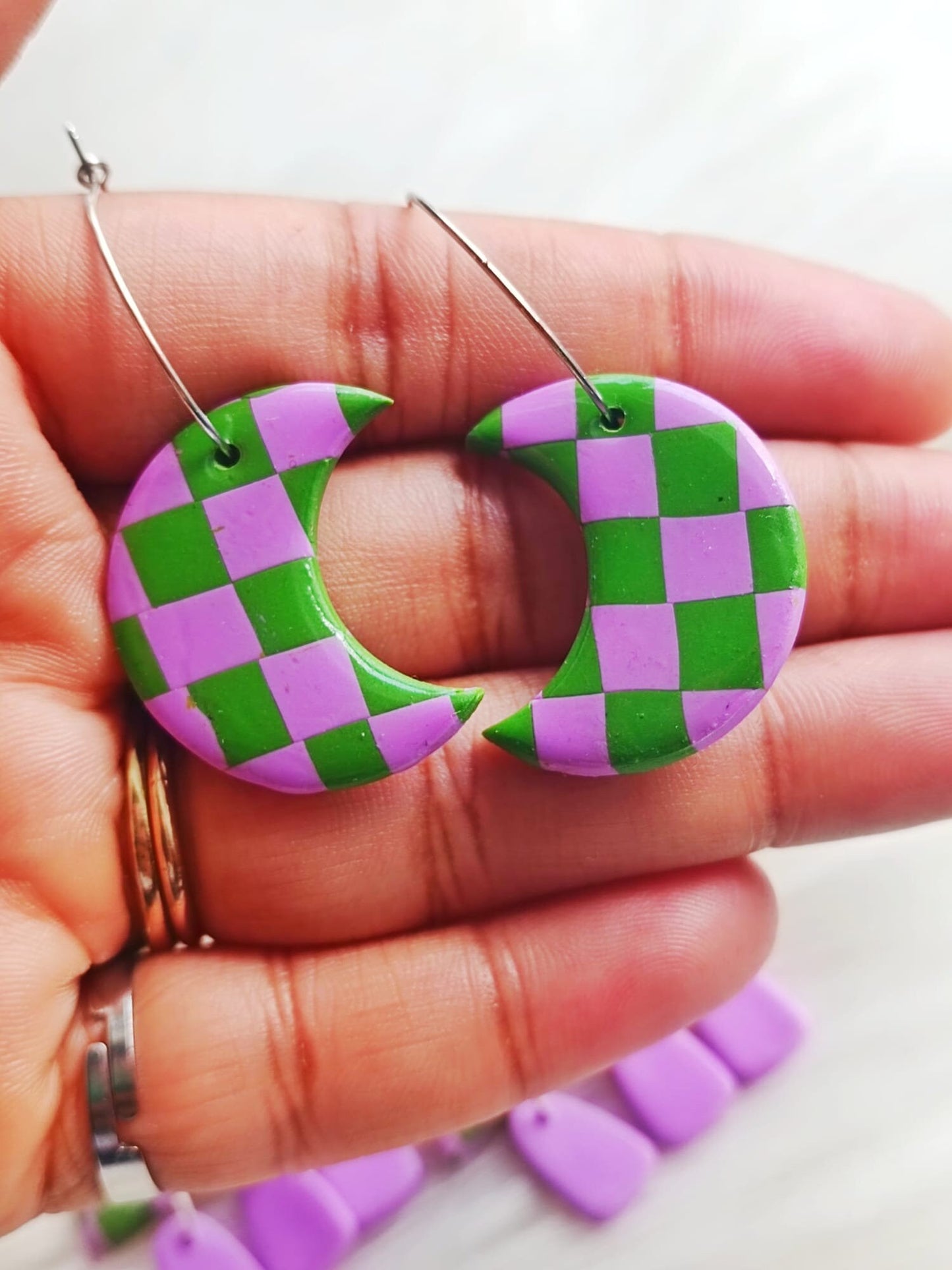 Dangly polymer clay MOON shaped purple and green checkerboard earrings | Checkered earrings /Checkered statement earrings/ Andreina Clay