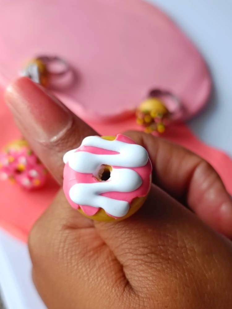 Donut Ring handmade clay rings polymer clay food jewelry rings strawberry pink frosted sprinkle adjustable doughnut ring-Andreina Clay