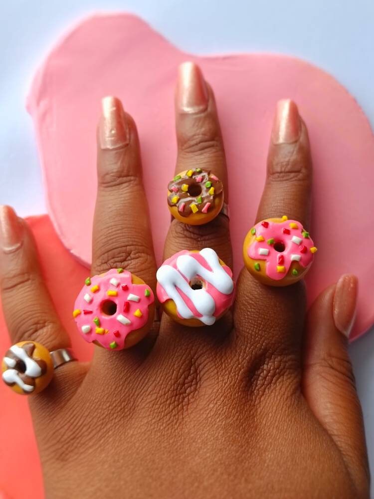 Donut Ring handmade clay rings polymer clay food jewelry rings strawberry pink frosted sprinkle adjustable doughnut ring-Andreina Clay