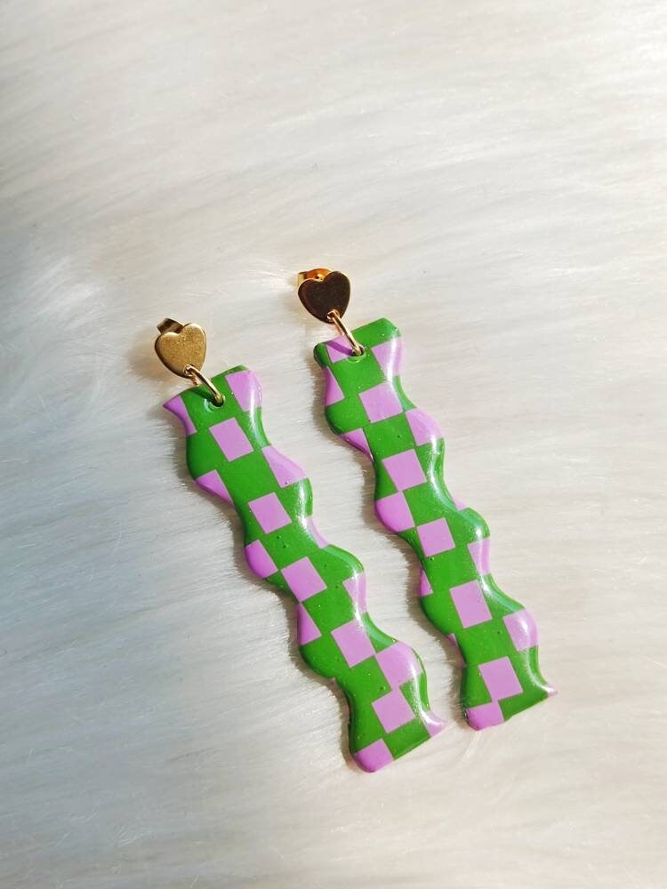 Dangly polymer clay shaped purple and green checkerboard earrings | Checkered earrings /Checkered statement earrings/ Andreina Clay