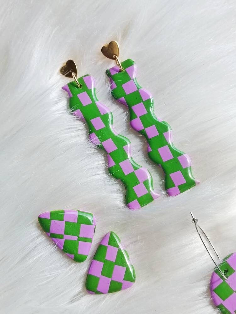 Dangly polymer clay shaped purple and green checkerboard earrings | Checkered earrings /Checkered statement earrings/ Andreina Clay