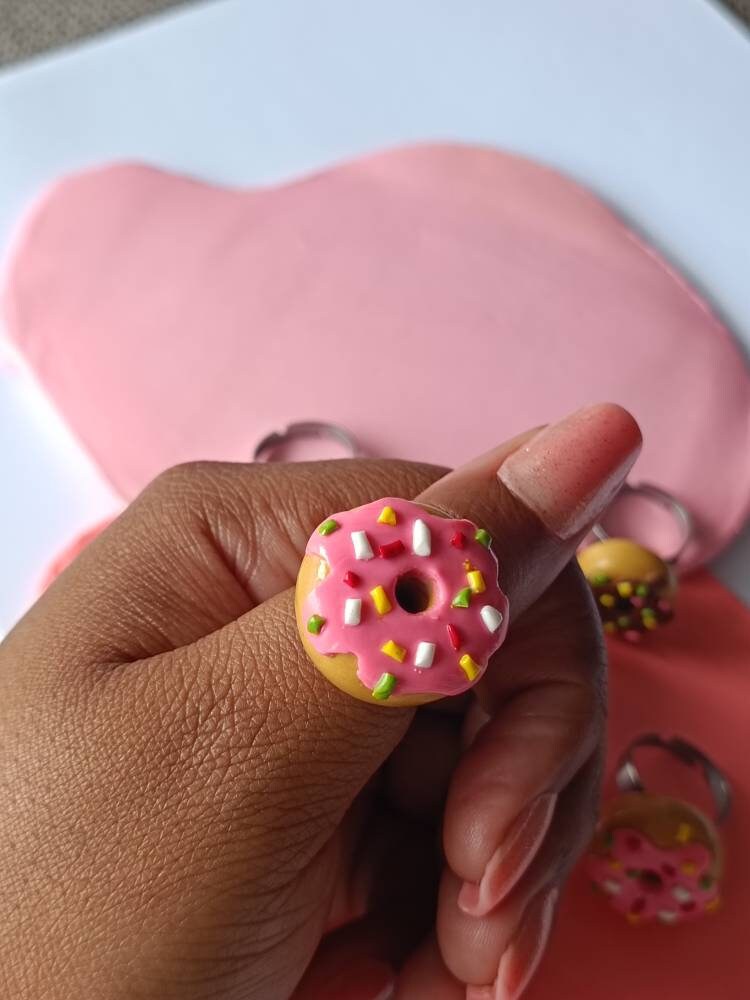 Donut Ring handmade clay rings polymer clay food jewelry rings strawberry pink frosted sprinkle adjustable doughnut ring-Andreina Clay