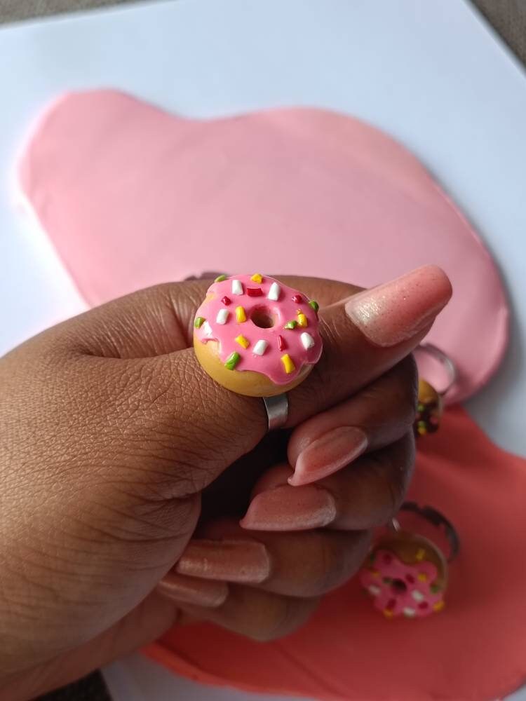 Donut Ring handmade clay rings polymer clay food jewelry rings strawberry pink frosted sprinkle adjustable doughnut ring-Andreina Clay