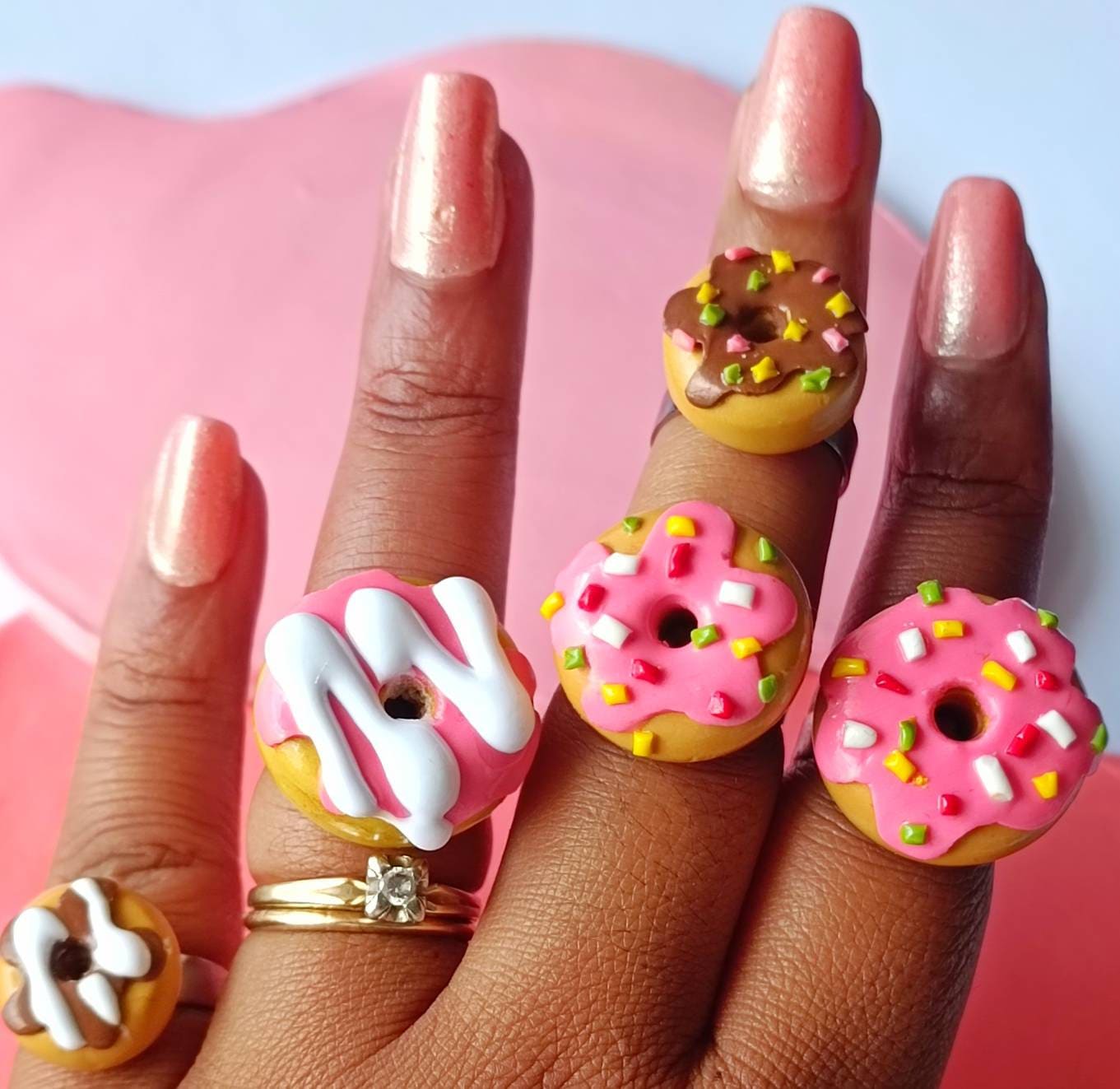 Donut Ring handmade clay rings polymer clay food jewelry rings strawberry pink frosted sprinkle adjustable doughnut ring-Andreina Clay