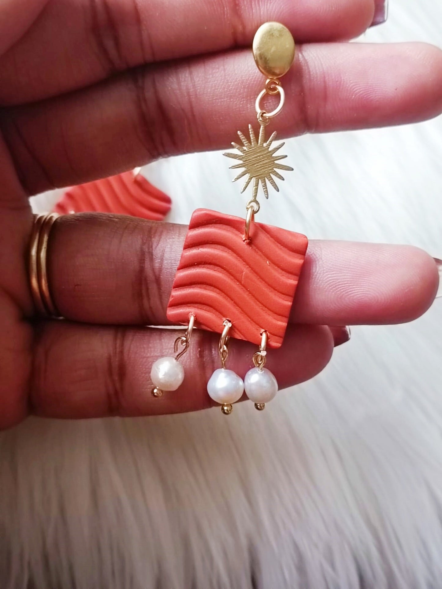 Handcrafted Terracotta Polymer Clay Dangle Earrings 'Nabila' with 3D Waves, Freshwater Pearls, and Tarnish-Free Stainless Steel Charms